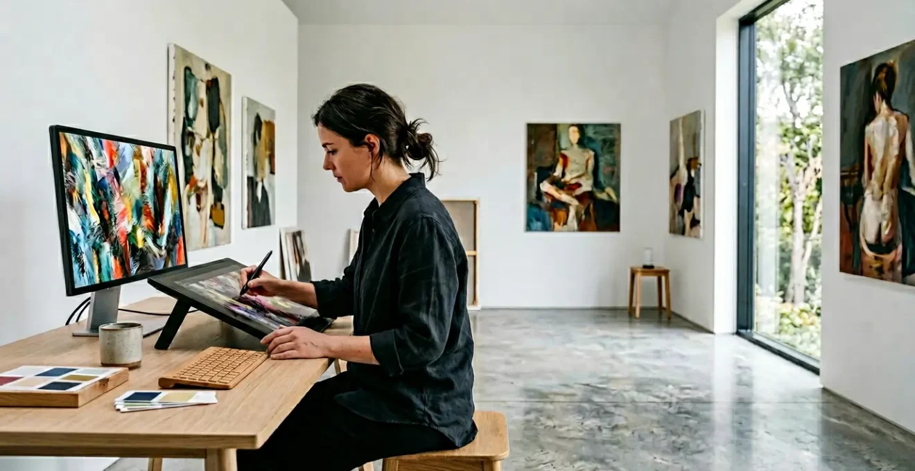 Digital artist working on oil painting texture using stylus and tablet in modern studio