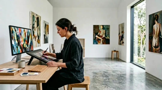 Digital artist working on oil painting texture using stylus and tablet in modern studio