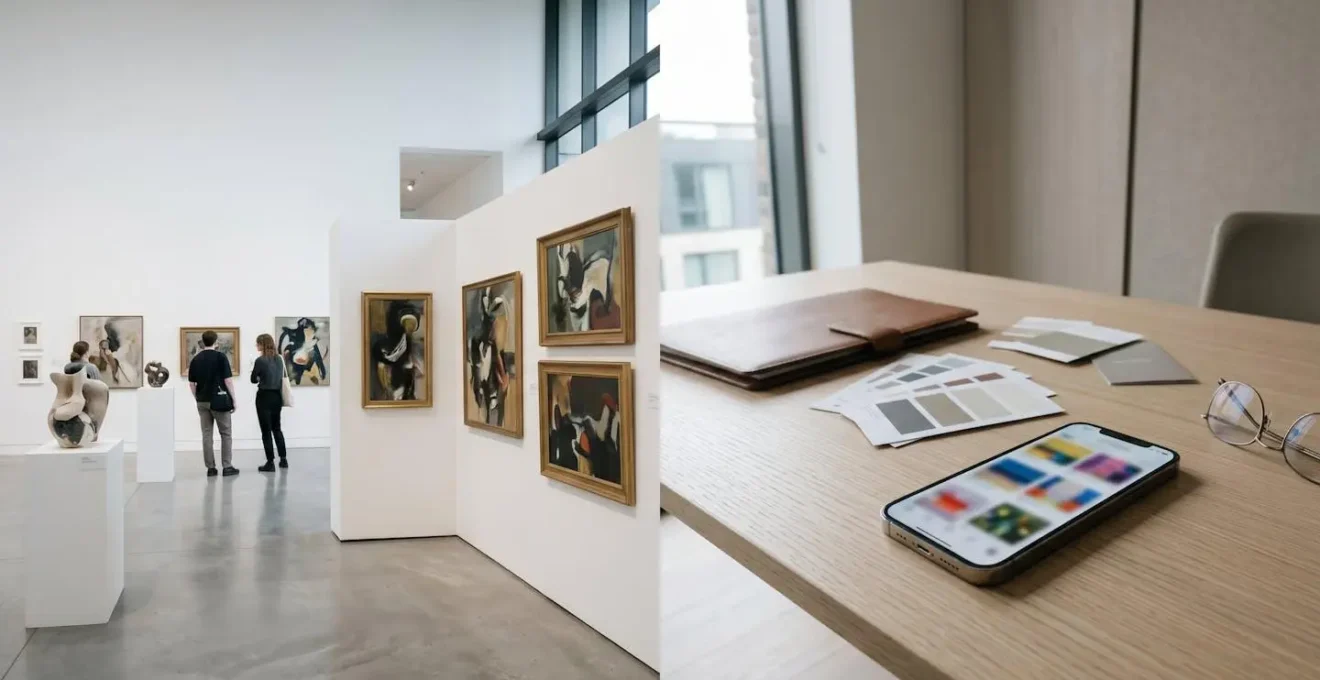 Split composition showing degree show setting versus Instagram art discovery on mobile device