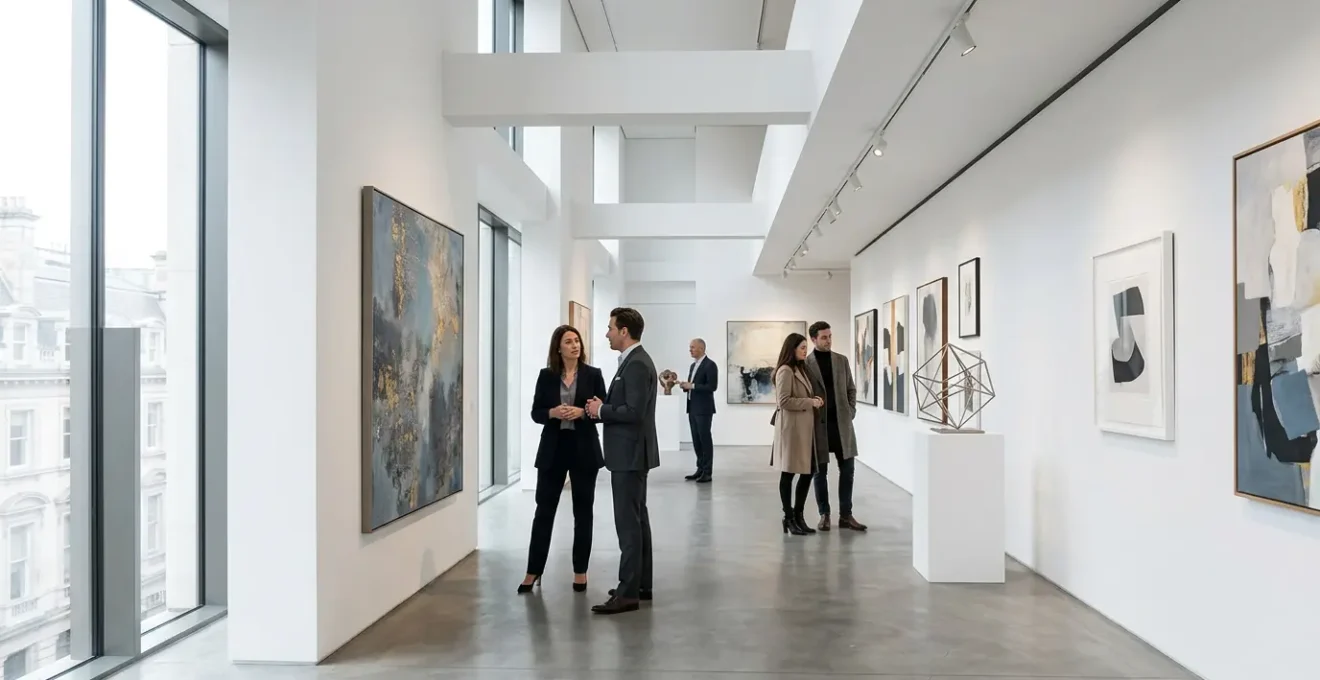 Elegant contemporary art gallery space showcasing diverse artwork collection with investors analyzing portfolio
