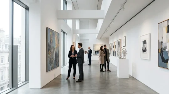 Elegant contemporary art gallery space showcasing diverse artwork collection with investors analyzing portfolio