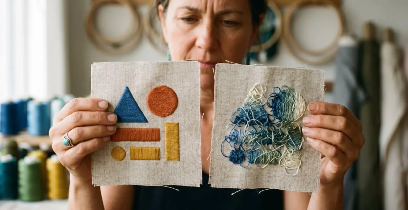 Close-up comparison of clean flat-color embroidery versus dense overworked gradient attempt