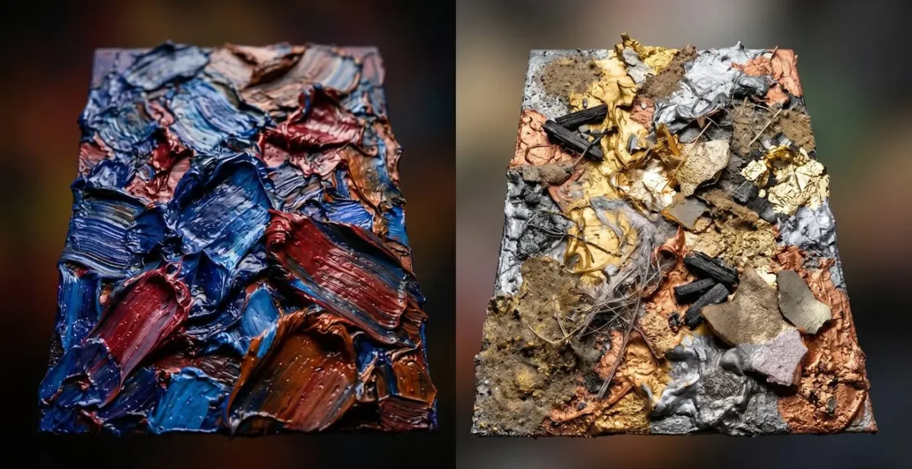 Macro detail of paint textures showing contrasting artistic styles representing portfolio diversity