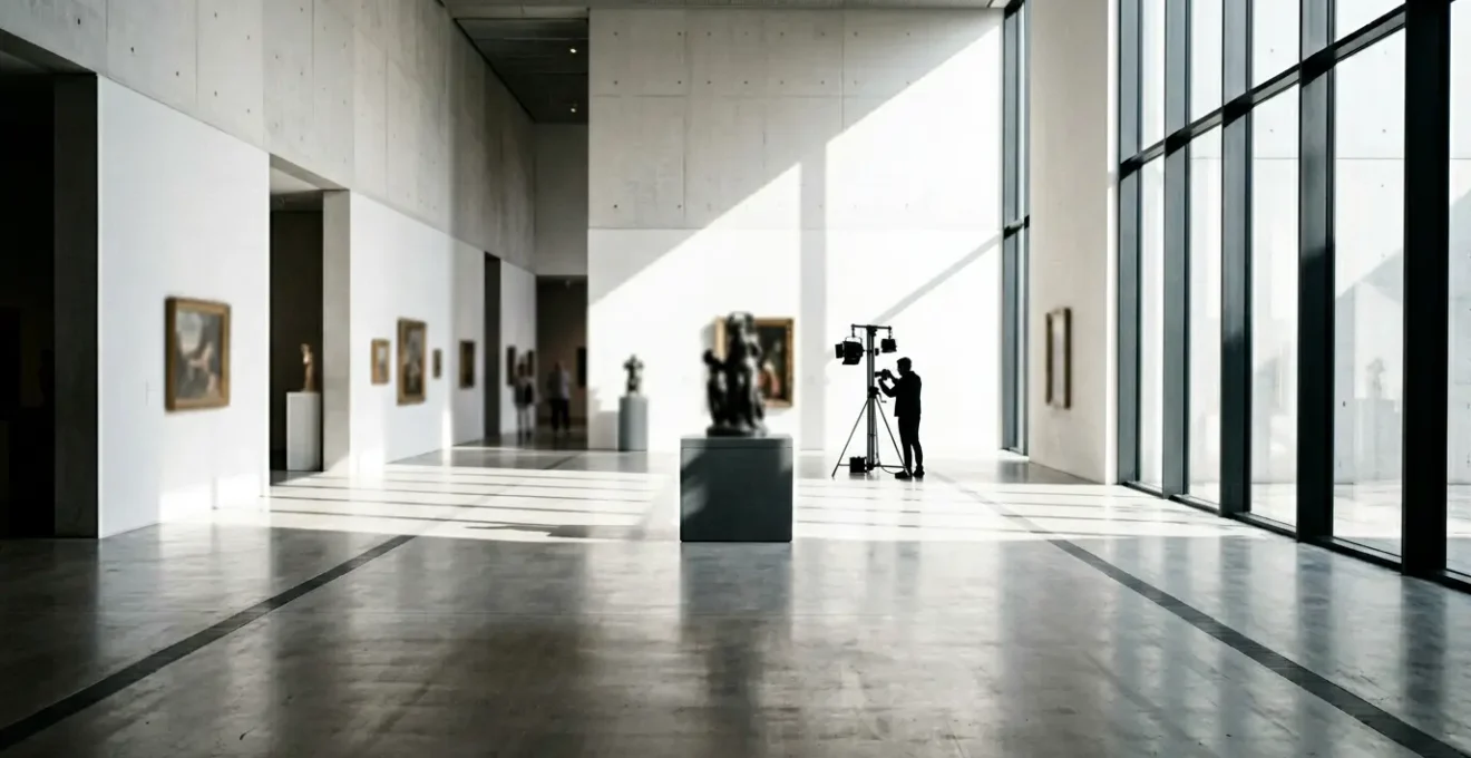 Museum curator using photogrammetry scanning equipment to digitally preserve an art exhibition space with dramatic lighting and depth