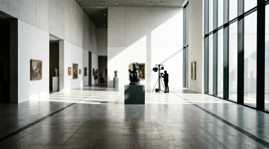 Museum curator using photogrammetry scanning equipment to digitally preserve an art exhibition space with dramatic lighting and depth