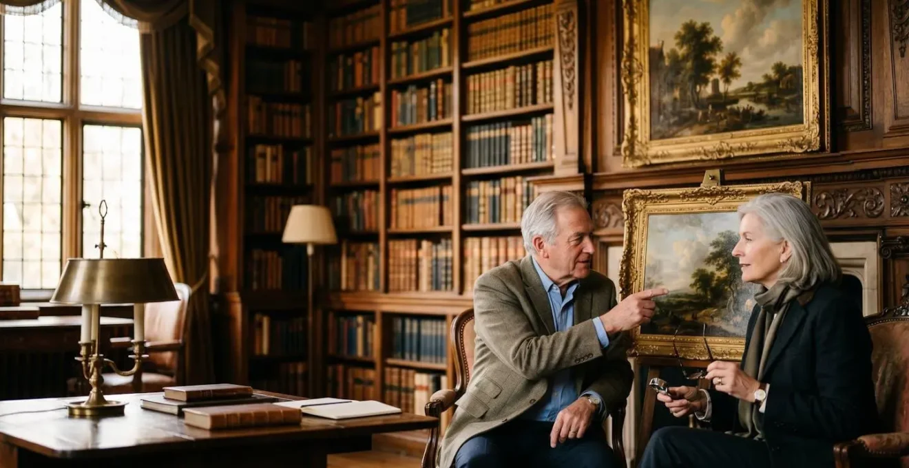 Intimate estate viewing room with collectors examining rare pieces