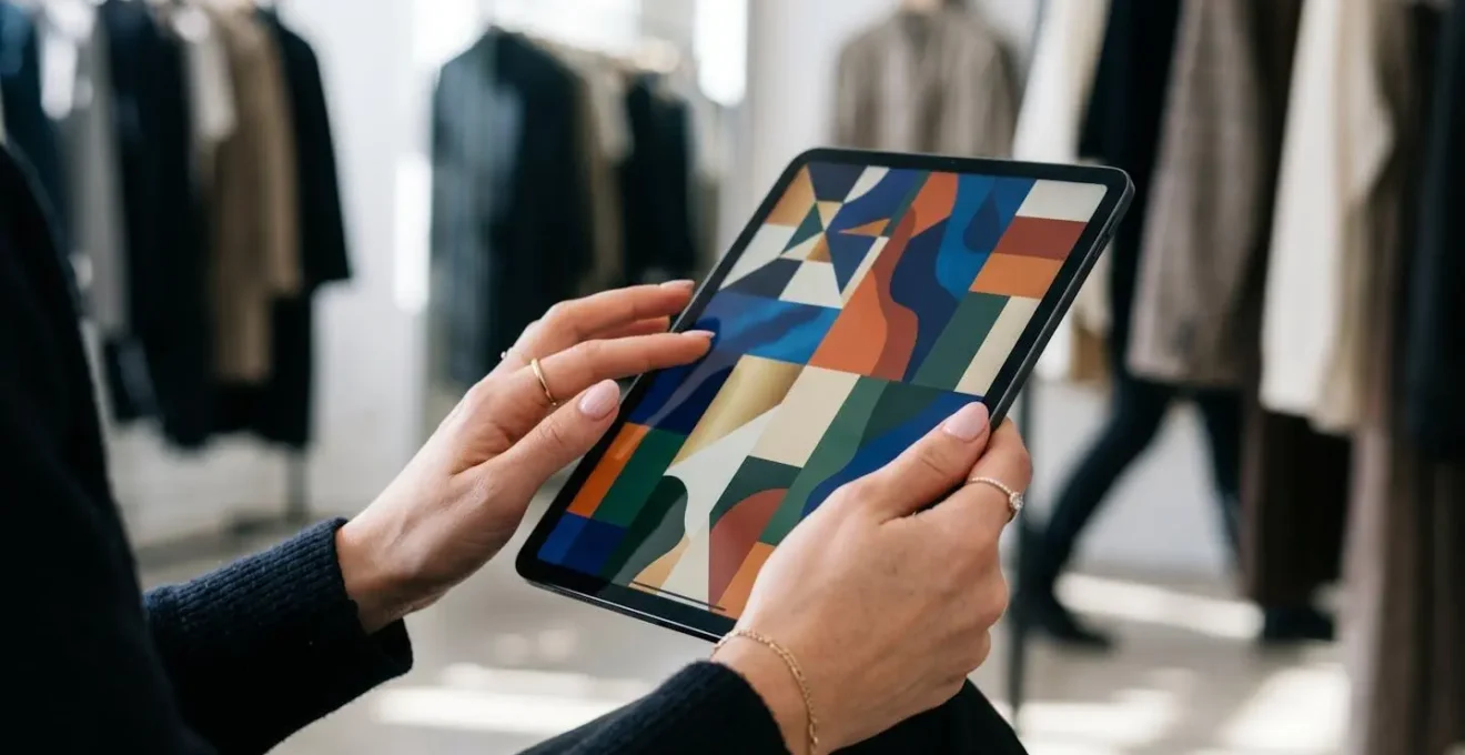 Fashion professional reviewing digital lookbook on tablet in modern Paris showroom setting