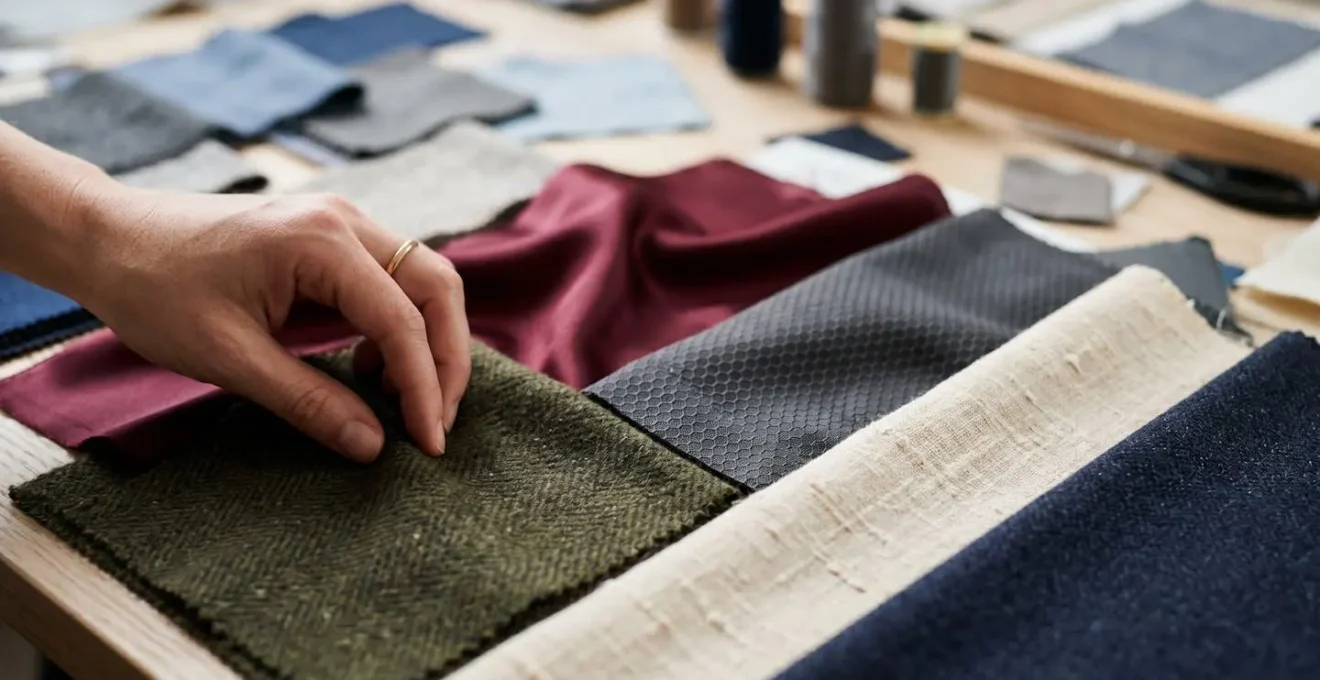 Designer workspace with fabric samples and collection pieces during editing process