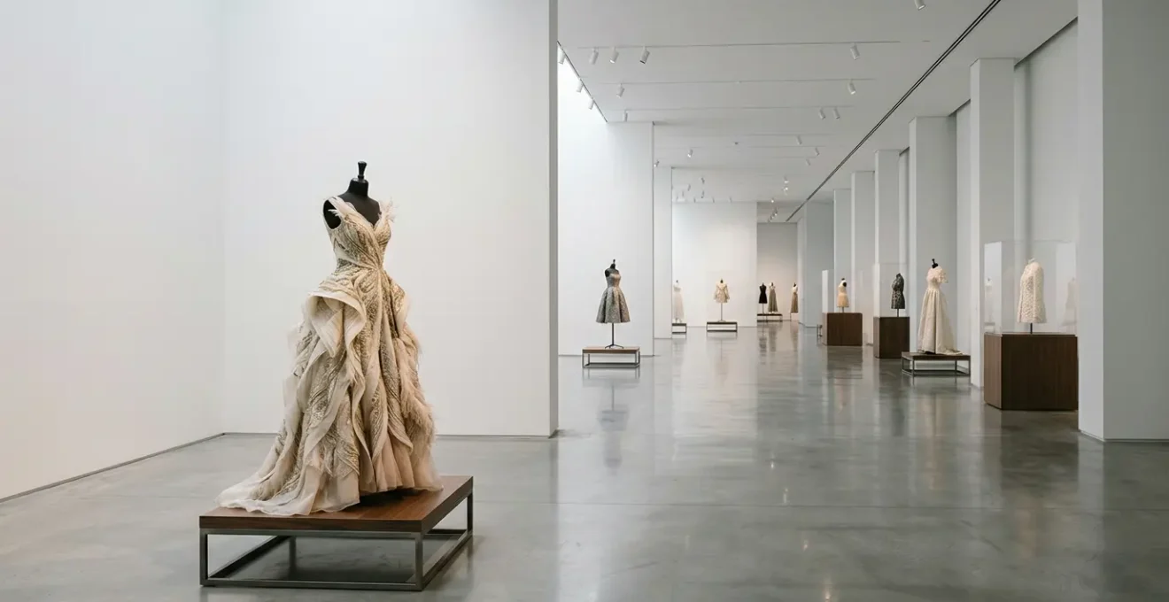 Elegant museum gallery space showcasing fashion archive pieces with strategic lighting