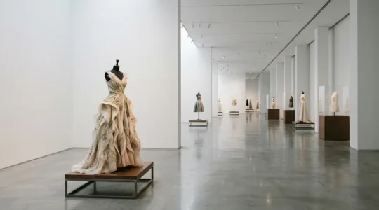 Elegant museum gallery space showcasing fashion archive pieces with strategic lighting