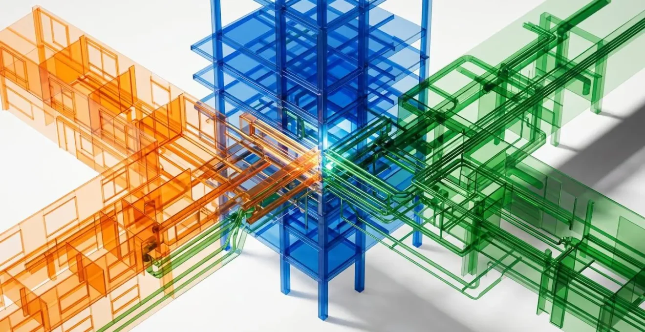 Architectural visualization of multiple BIM models being merged into unified system