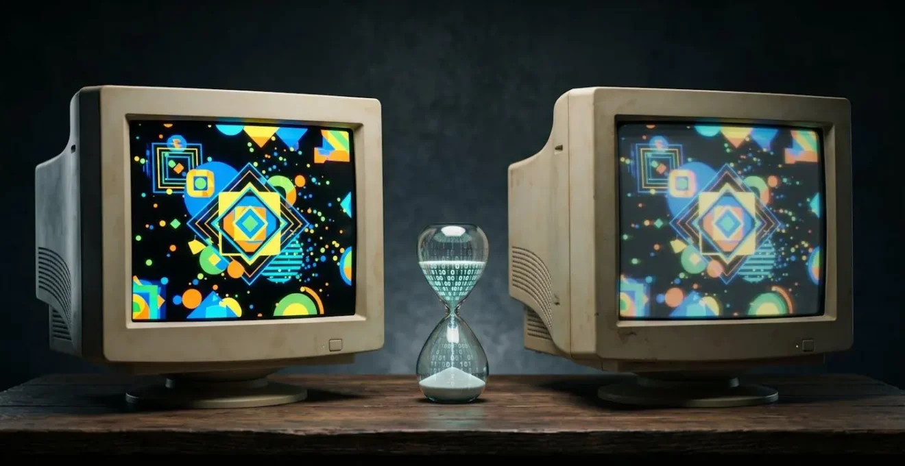 Split-screen comparison showing Flash artwork running in original 2006 environment versus modern emulation