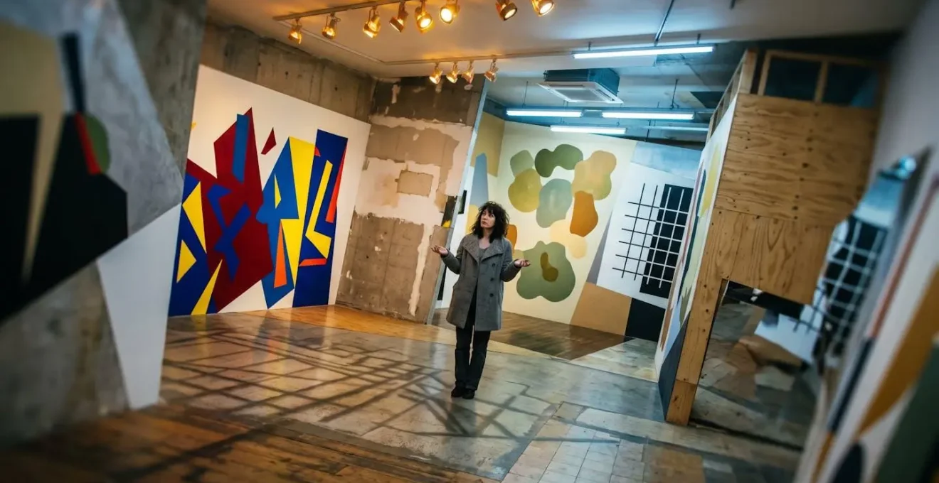 Gallery interior with contrasting artworks creating visual tension and inconsistent lighting