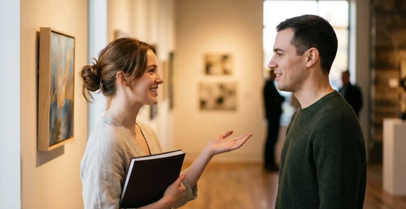 Gallery assistant discussing artwork with young collector in contemporary London gallery