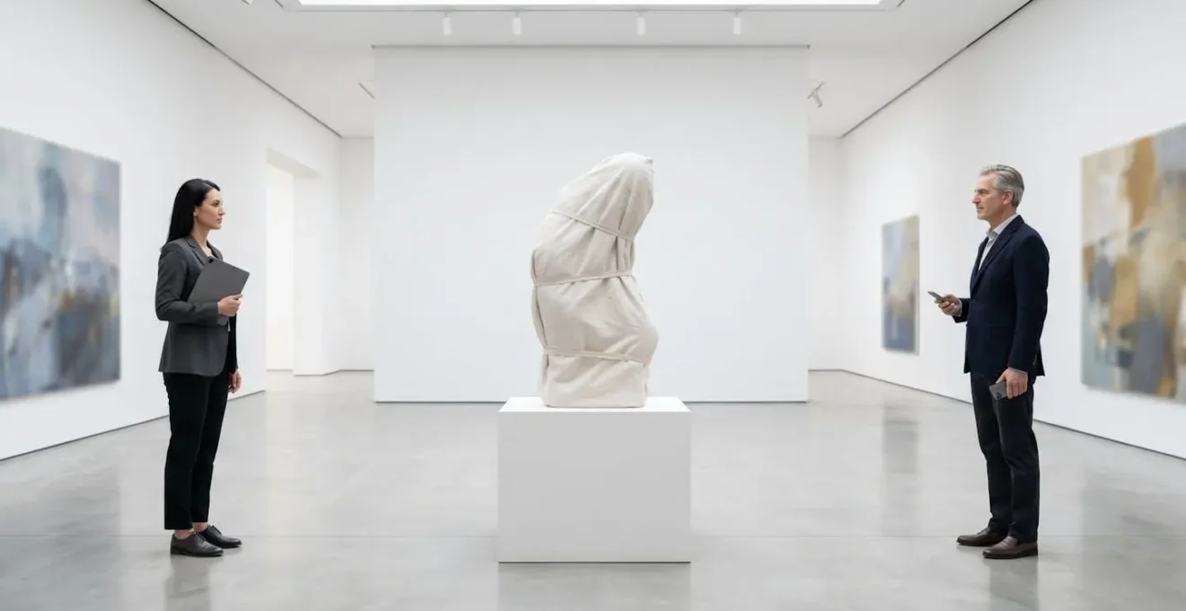 Art gallery setting with dealer and collector finalizing a blockchain transaction on separate devices