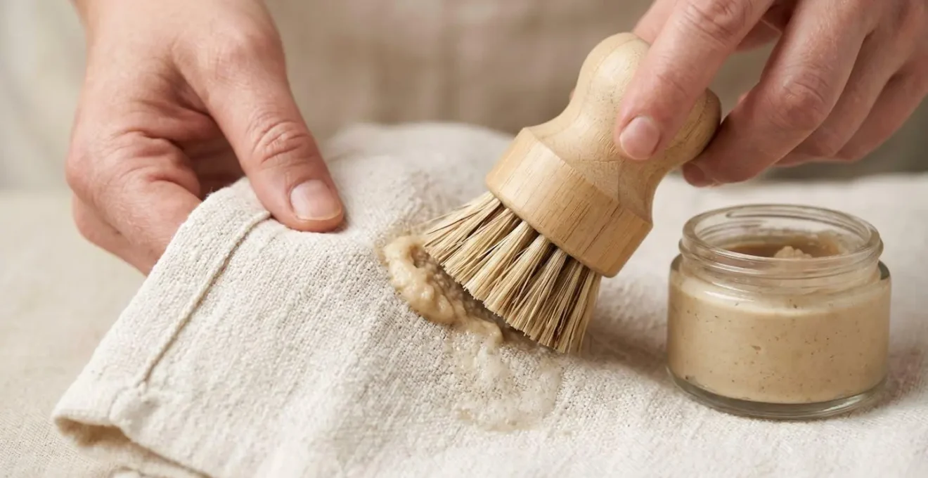 Professional demonstration of dry spot-cleaning technique on delicate biodegradable fabric