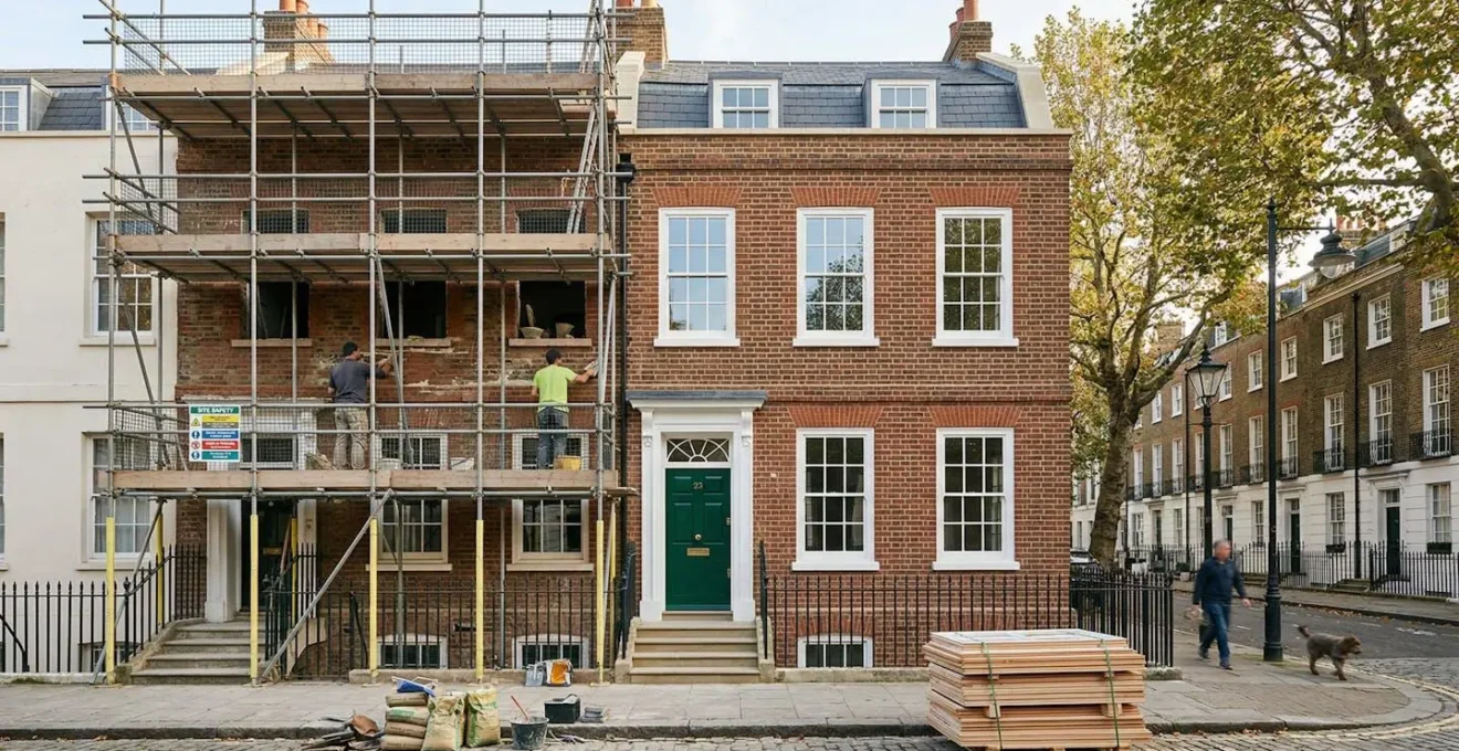 Professional restoration work on a Georgian Grade II listed townhouse featuring traditional sash windows and period architectural details