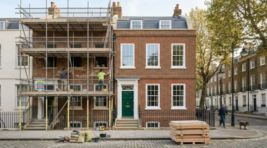 Professional restoration work on a Georgian Grade II listed townhouse featuring traditional sash windows and period architectural details