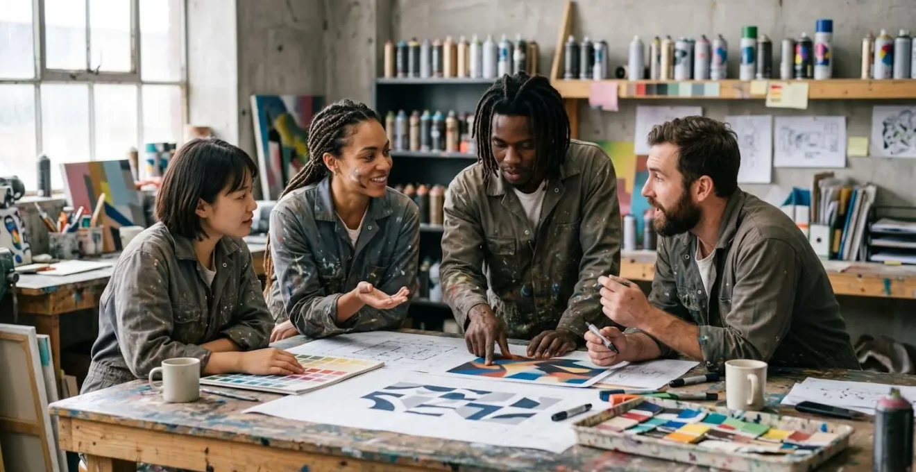 Street art crew collaborating on large-scale mural design in industrial workspace