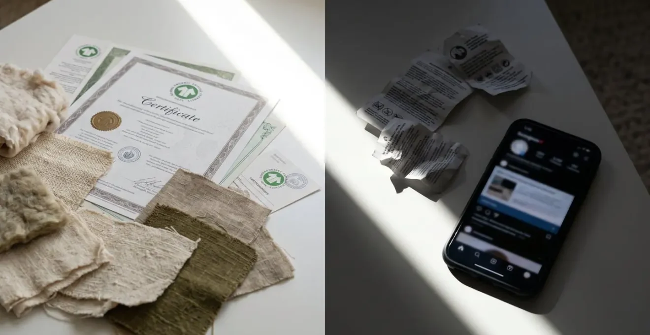 Split composition showing authentic sustainable fabric certification documents versus misleading marketing materials
