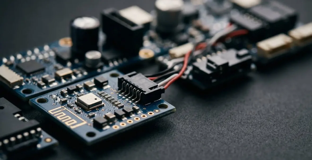 Overhead view of modular electronic hardware components arranged systematically