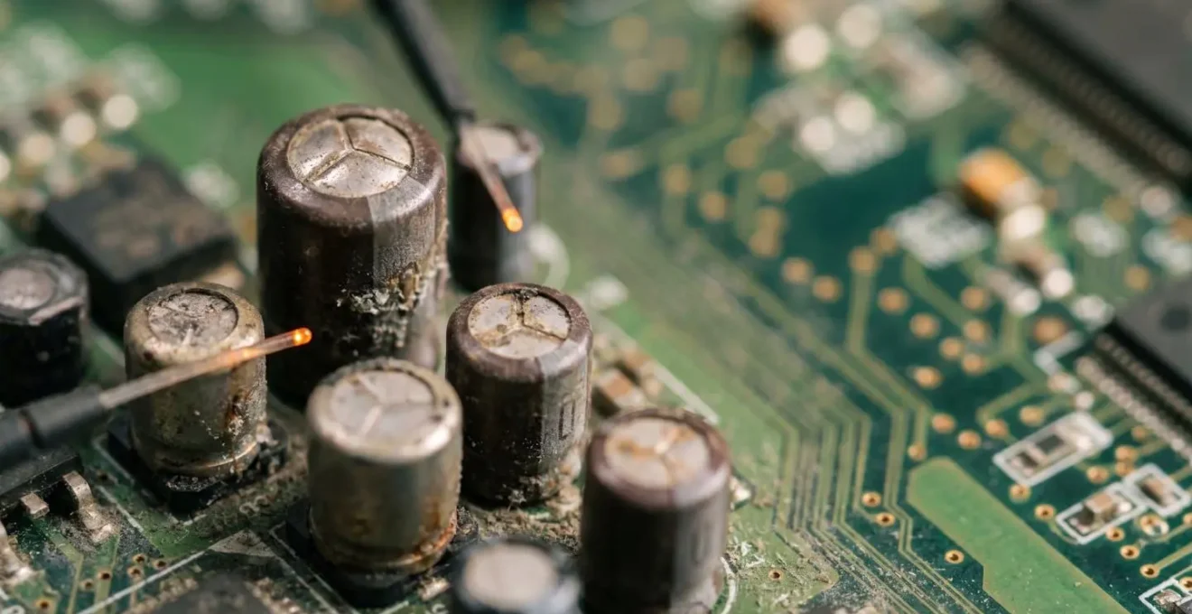 Macro shot of computer motherboard capacitors showing visible aging signs and predictive monitoring sensors