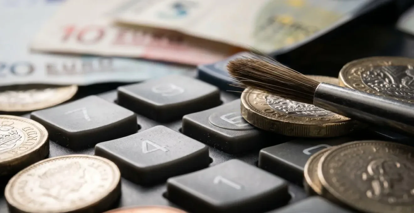 Macro shot of calculator keys and currency with art auction elements