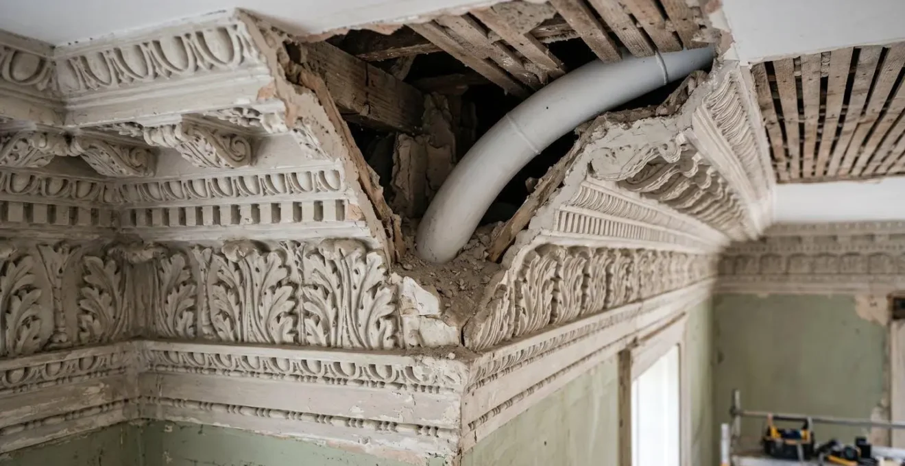 Cross-section view showing modern HVAC ducts concealed behind Georgian decorative plaster cornices