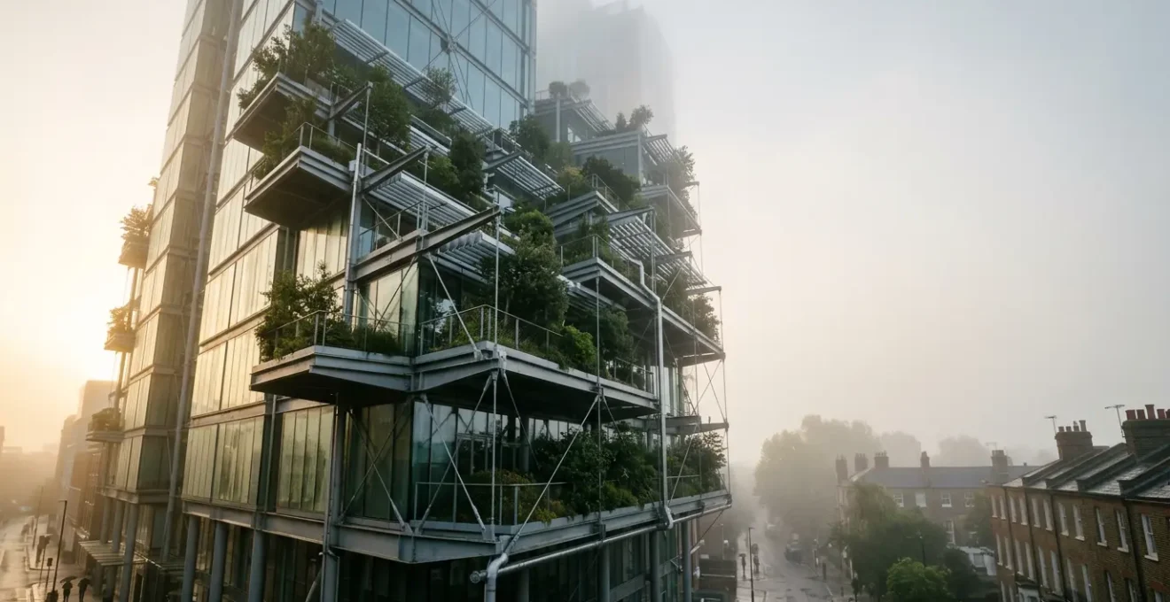 High-rise building with integrated arboreal facade system showing structural engineering elements in UK urban setting