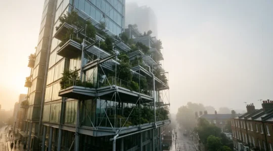 High-rise building with integrated arboreal facade system showing structural engineering elements in UK urban setting