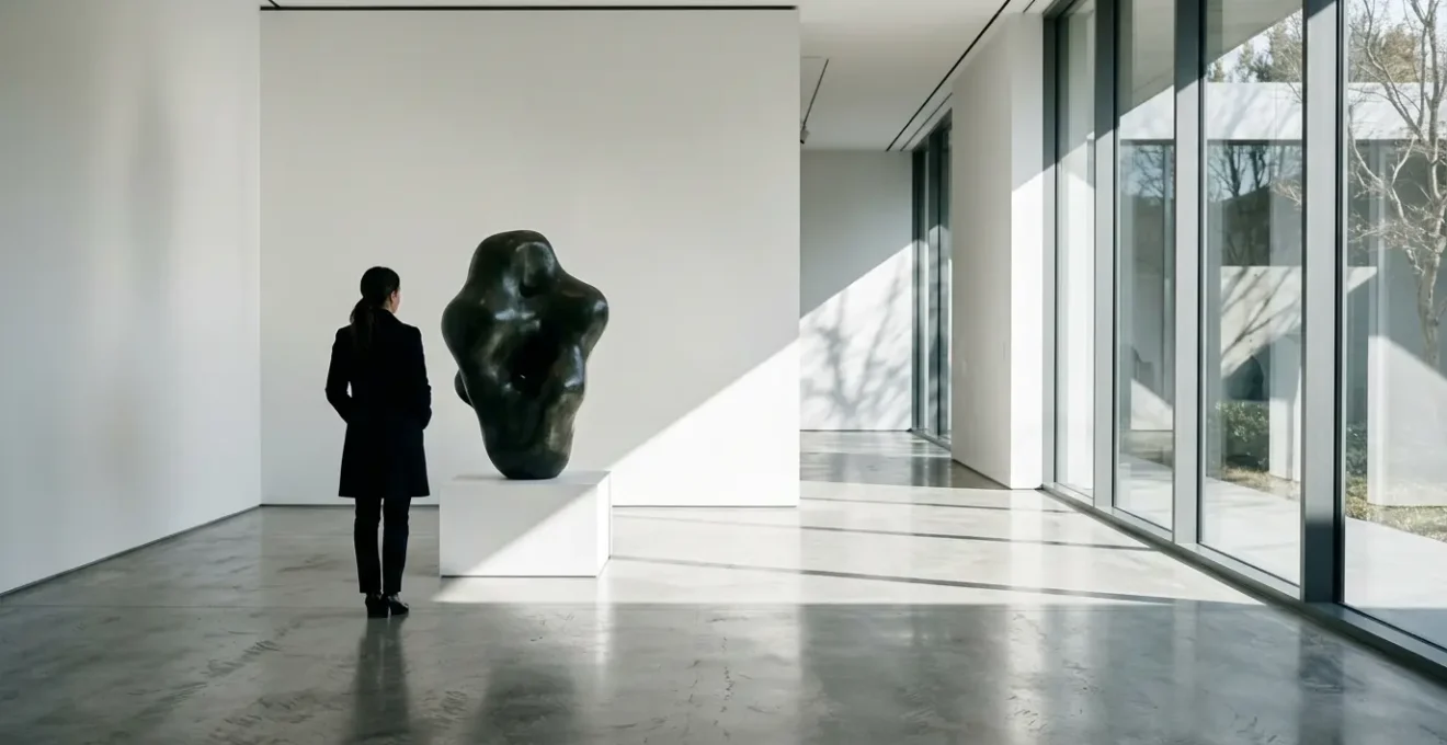 Wealthy collector examining sculpture in exclusive private gallery setting