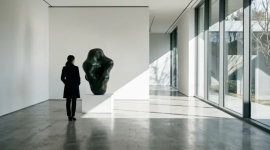 Wealthy collector examining sculpture in exclusive private gallery setting