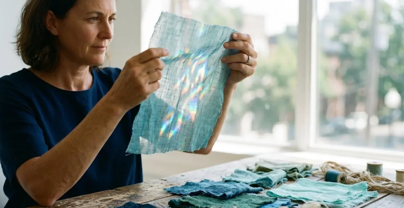 Fashion designer examining translucent ocean plastic textile samples in natural light