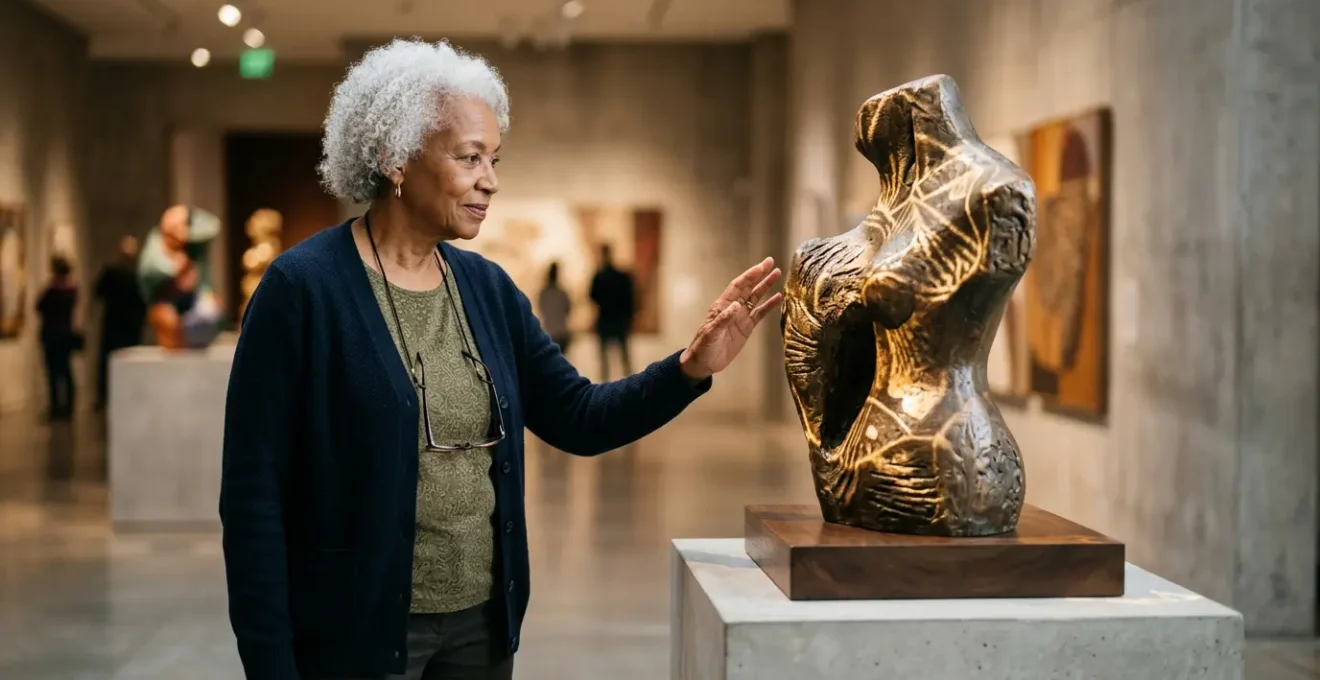 Visitor engaging with a hybrid physical-digital museum exhibition featuring projection-mapped artifacts