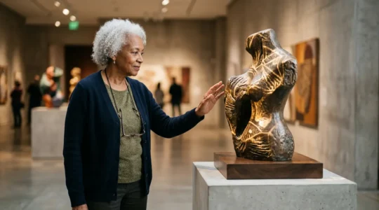 Visitor engaging with a hybrid physical-digital museum exhibition featuring projection-mapped artifacts