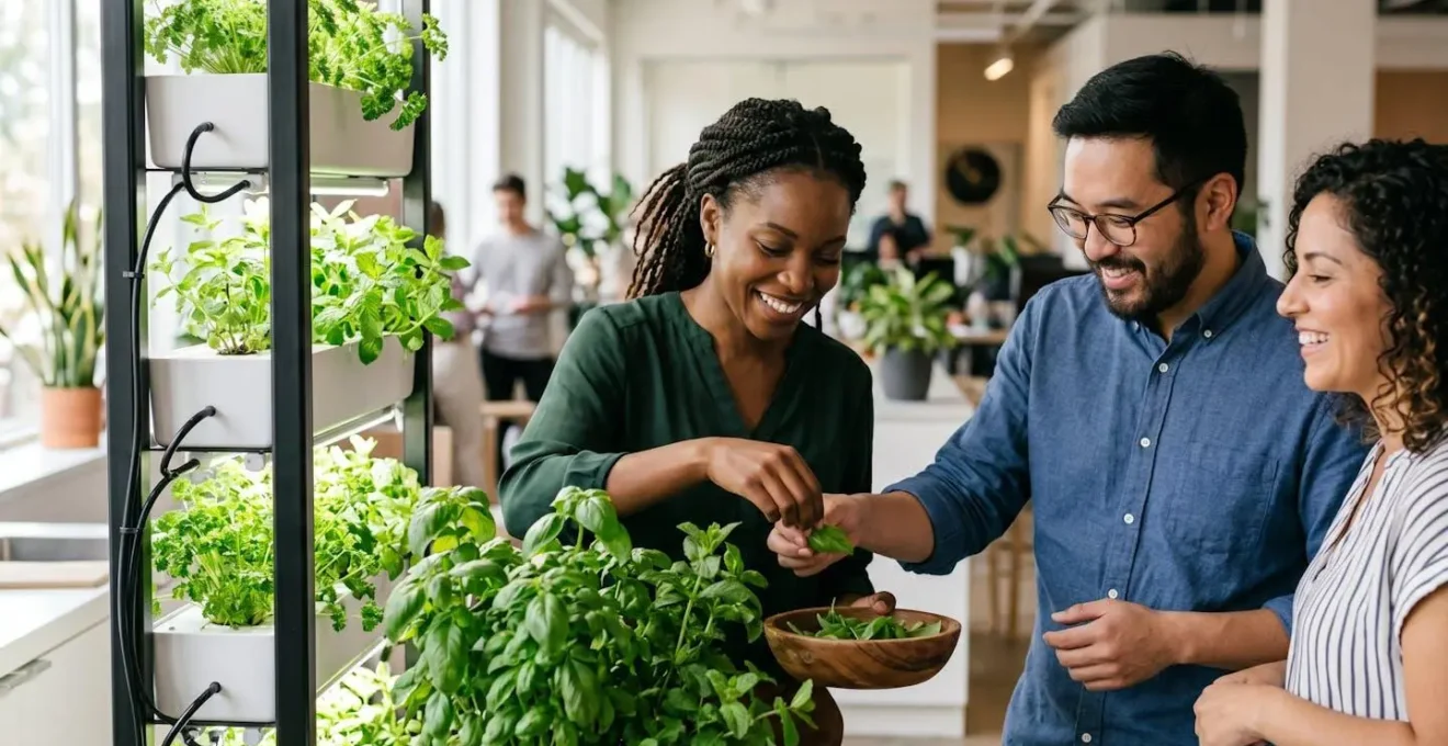 Modern office hydroponic herb garden maintained by employee wellness club