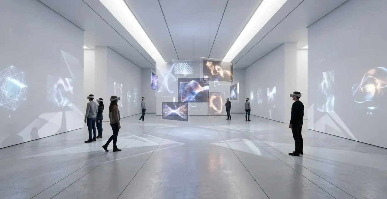 A high-tech virtual reality exhibition space showcasing digital art installations