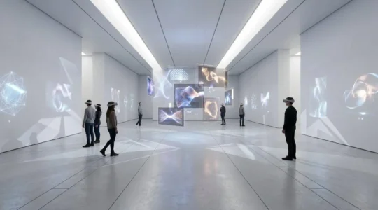 A high-tech virtual reality exhibition space showcasing digital art installations