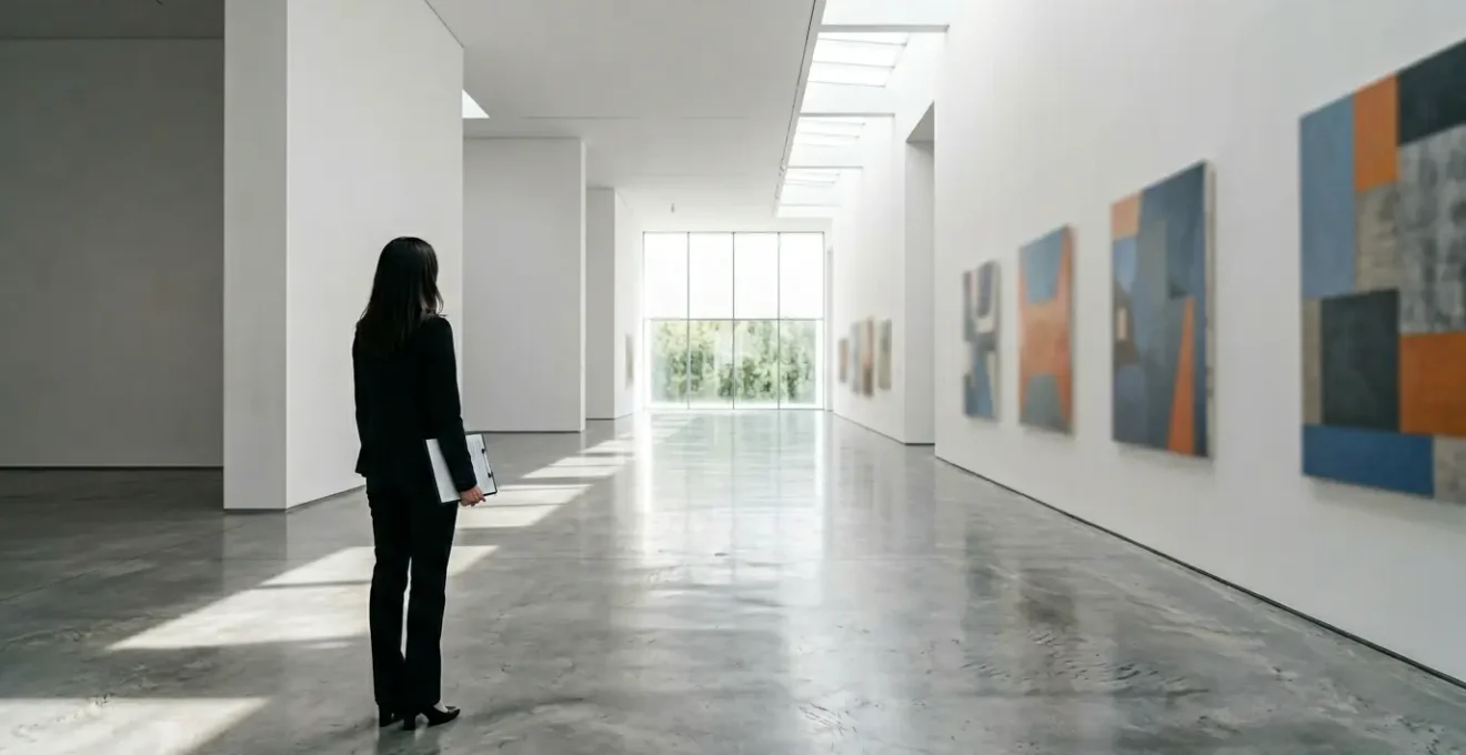 Professional curator studying artwork in modern gallery with focused lighting and museum-quality displays