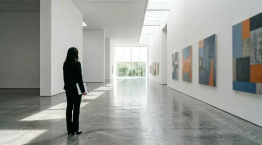 Professional curator studying artwork in modern gallery with focused lighting and museum-quality displays