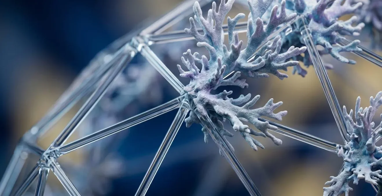 Close-up of geometric wireframe structure with organic generative elements growing from defined anchor points