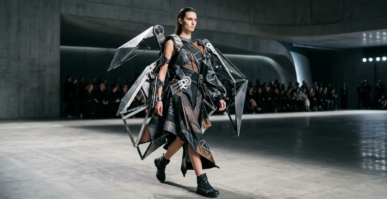 Futuristic model on runway wearing transforming mechanical dress with extending geometric elements