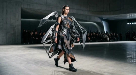 Futuristic model on runway wearing transforming mechanical dress with extending geometric elements