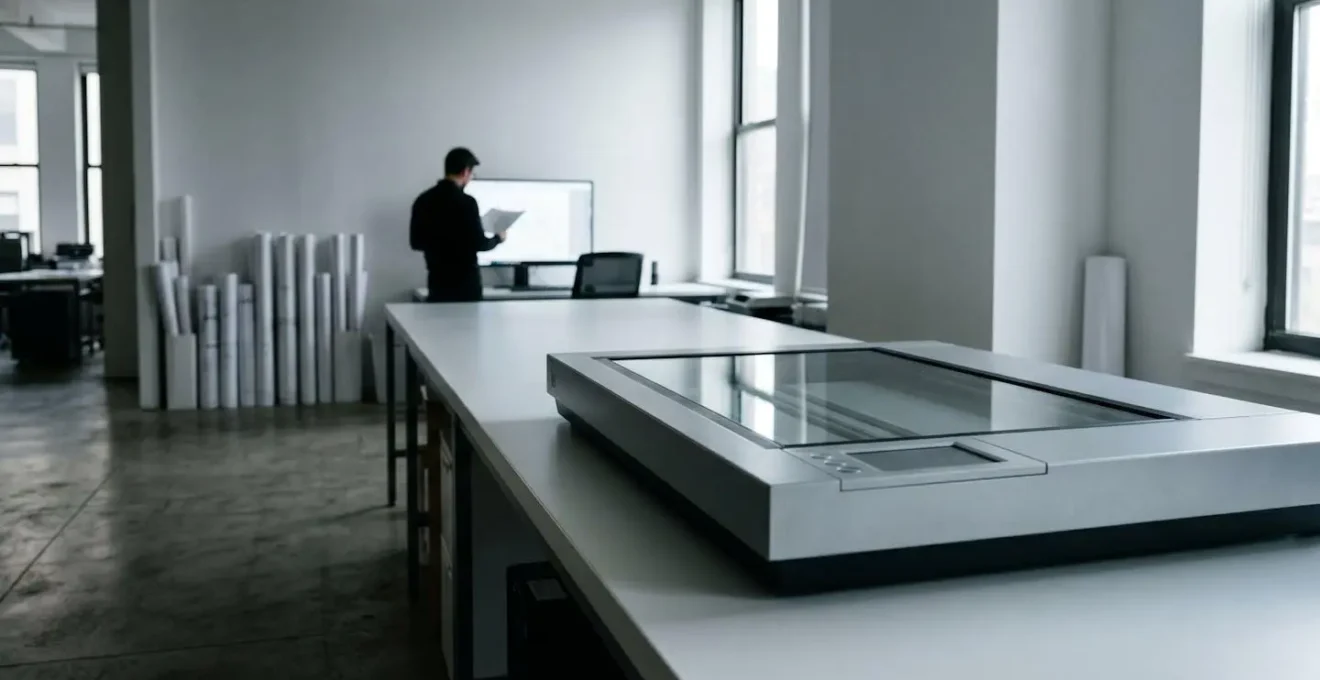 Wide angle view of architect working with large-format scanner digitizing vellum drawings