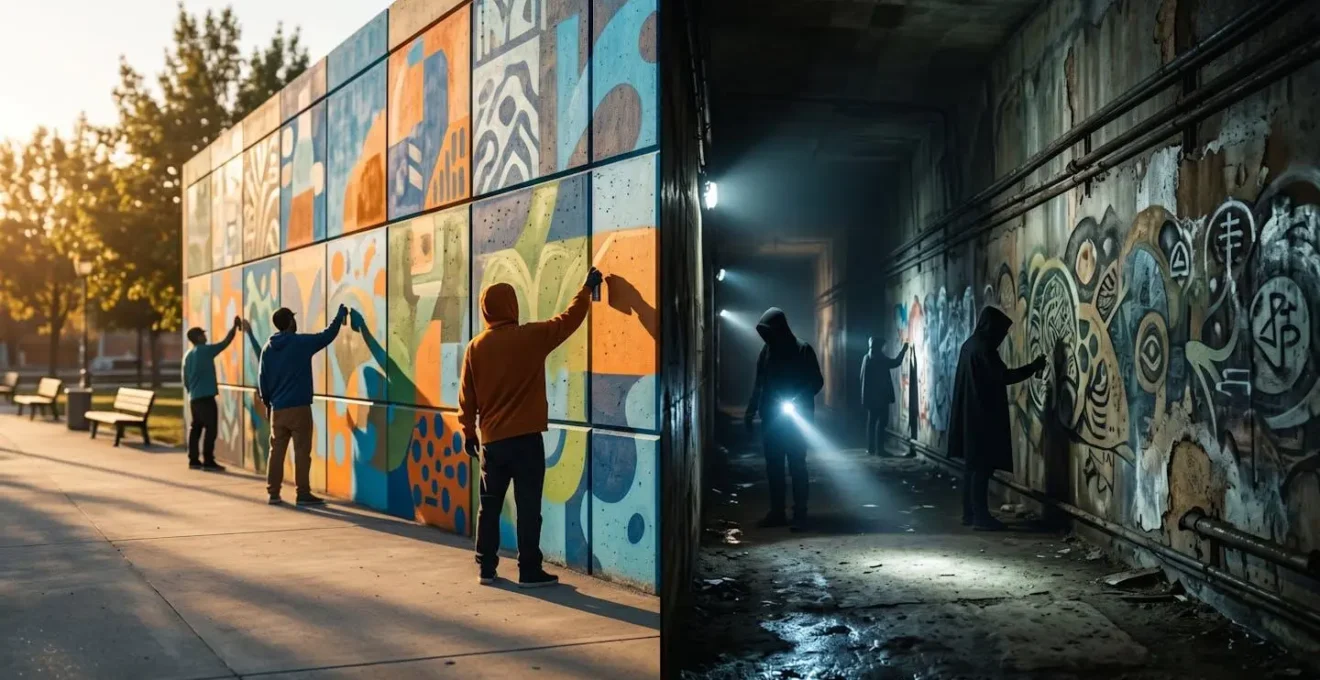 Split composition showing legal graffiti wall in daylight versus underground tunnel art at night