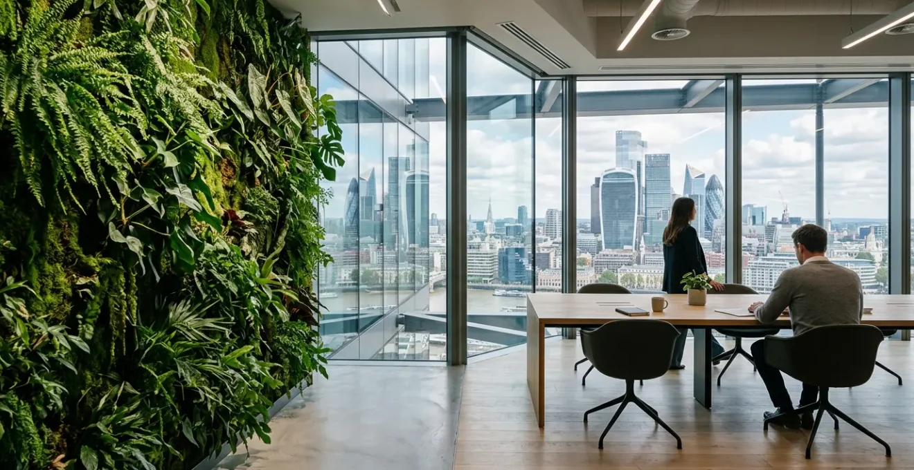 Modern London office interior featuring integrated biophilic design elements with living walls and natural light