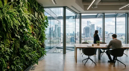 Modern London office interior featuring integrated biophilic design elements with living walls and natural light