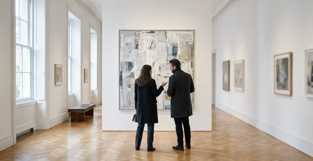Interior view of a Mayfair gallery with art collectors examining paintings