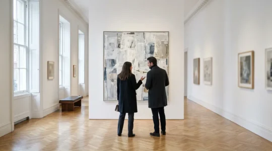 Interior view of a Mayfair gallery with art collectors examining paintings