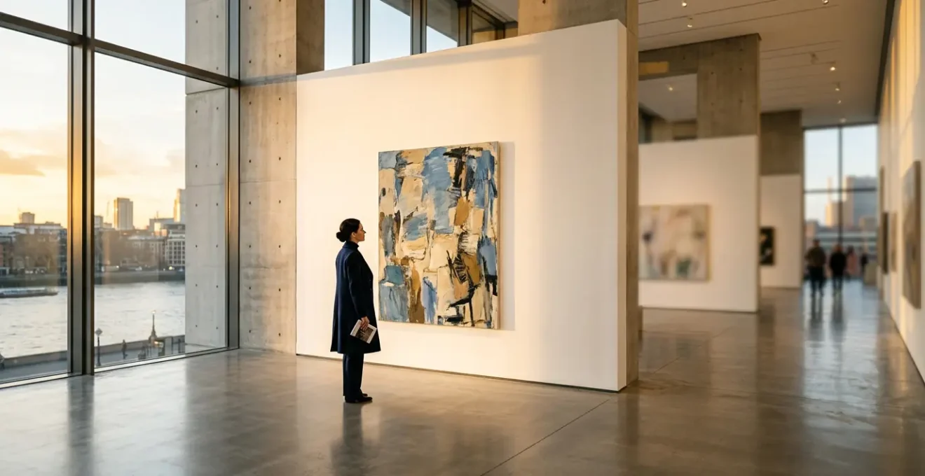 A sophisticated museum visitor observing contemporary art in a London gallery space